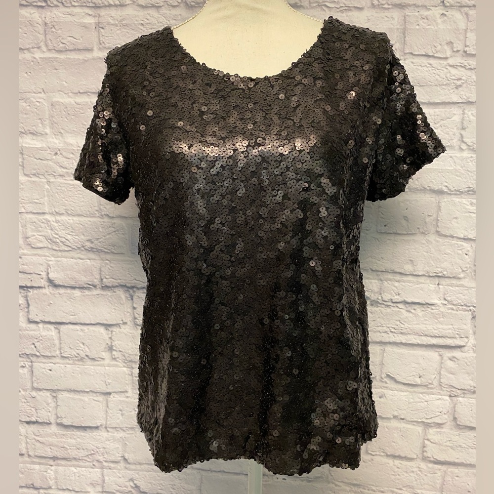 H&M Sequin Black Short Sleeve Top Size Medium